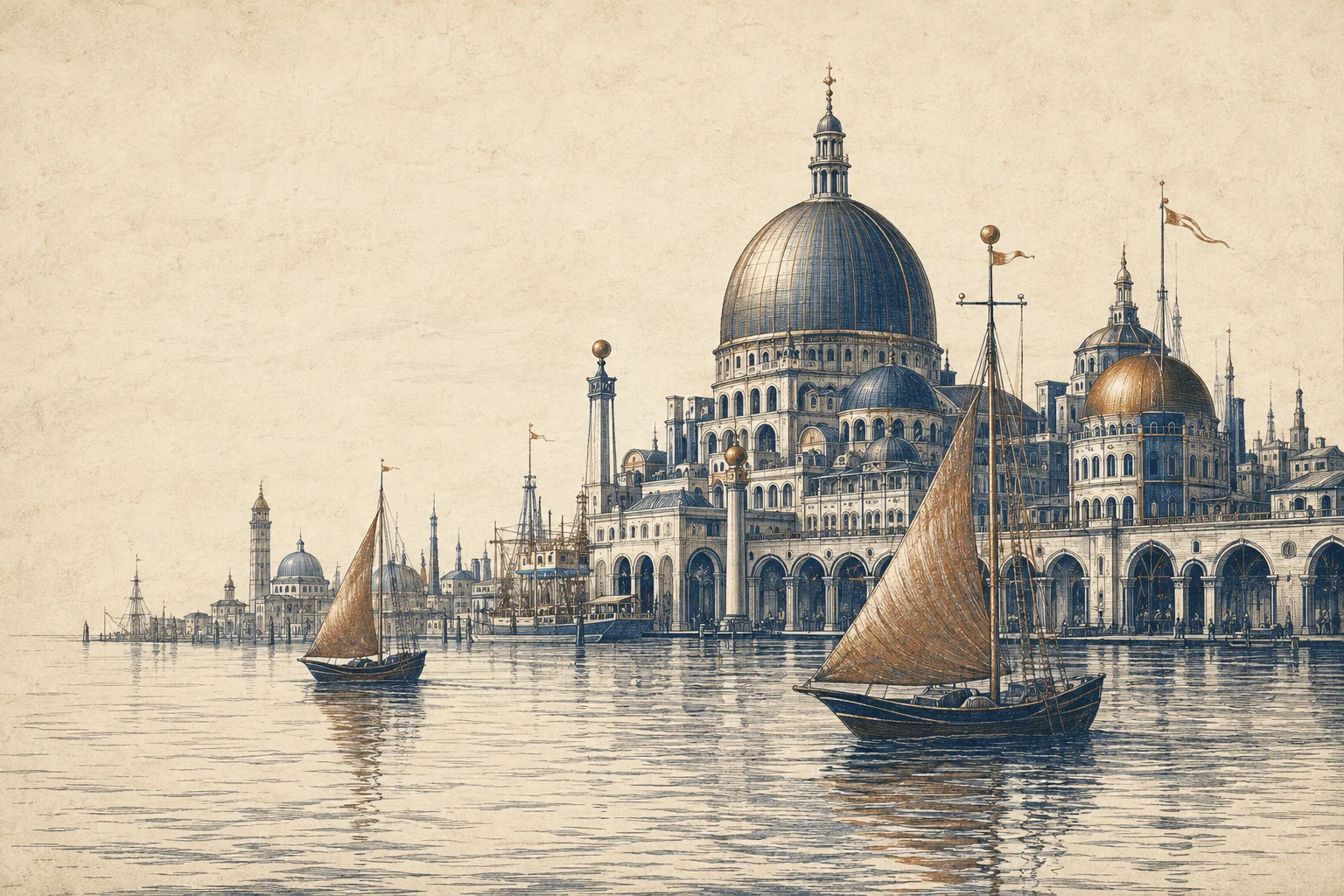An imagined Venetian harbor, with copper-colored sails and domed buildings drawn in fine ink lines.